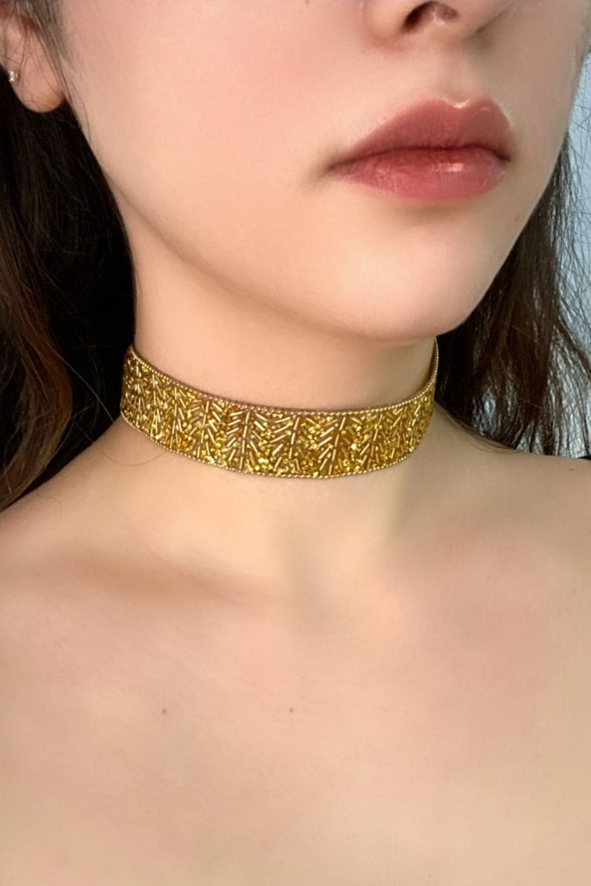 PETEK AKSESUAR Full Crystal Stone Embroidered Choker Collar
