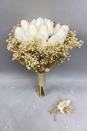 Krem Kurutulmuş Çiçekli Beyaz Islak Laleli Gelin Buketi Ve Damat Yaka Çiçeği TXCB57F6A955904