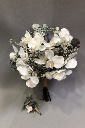 Beyaz Orkideli Ve Mavi Kuru Çiçekli Gelin Buketi TXCB57F6A950660