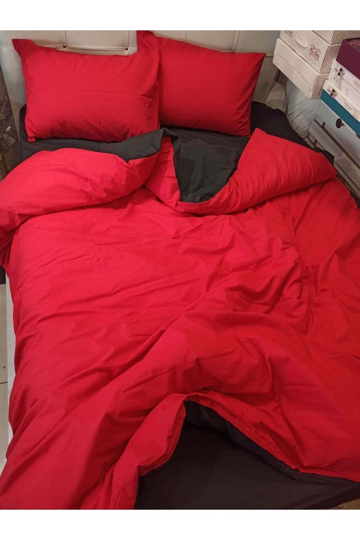 ŞENER HOME-Double Color Single Duvet Cover Set with Double Sided Usable Sheet Elastic - Black, Red 6