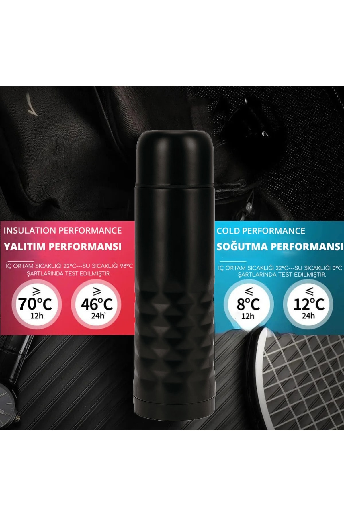 Verahed Deri Kılıflı Bardaklı 500 Ml Mat Siyah Paslanmaz Çelik Küçük Mermi Termos Bardak Mama Termosu. fotoğrafı 7 (önizleme)