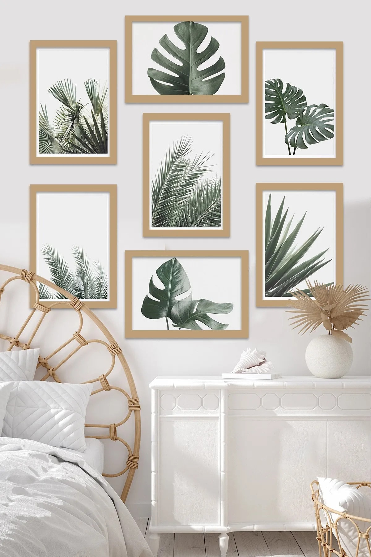 NT Handmade 7 Parça Gold Çerçeve Görünümlü Yeşil Yapraklar Duvar Dekoru Salon Oturma Yatak Odası Için Tablo Seti