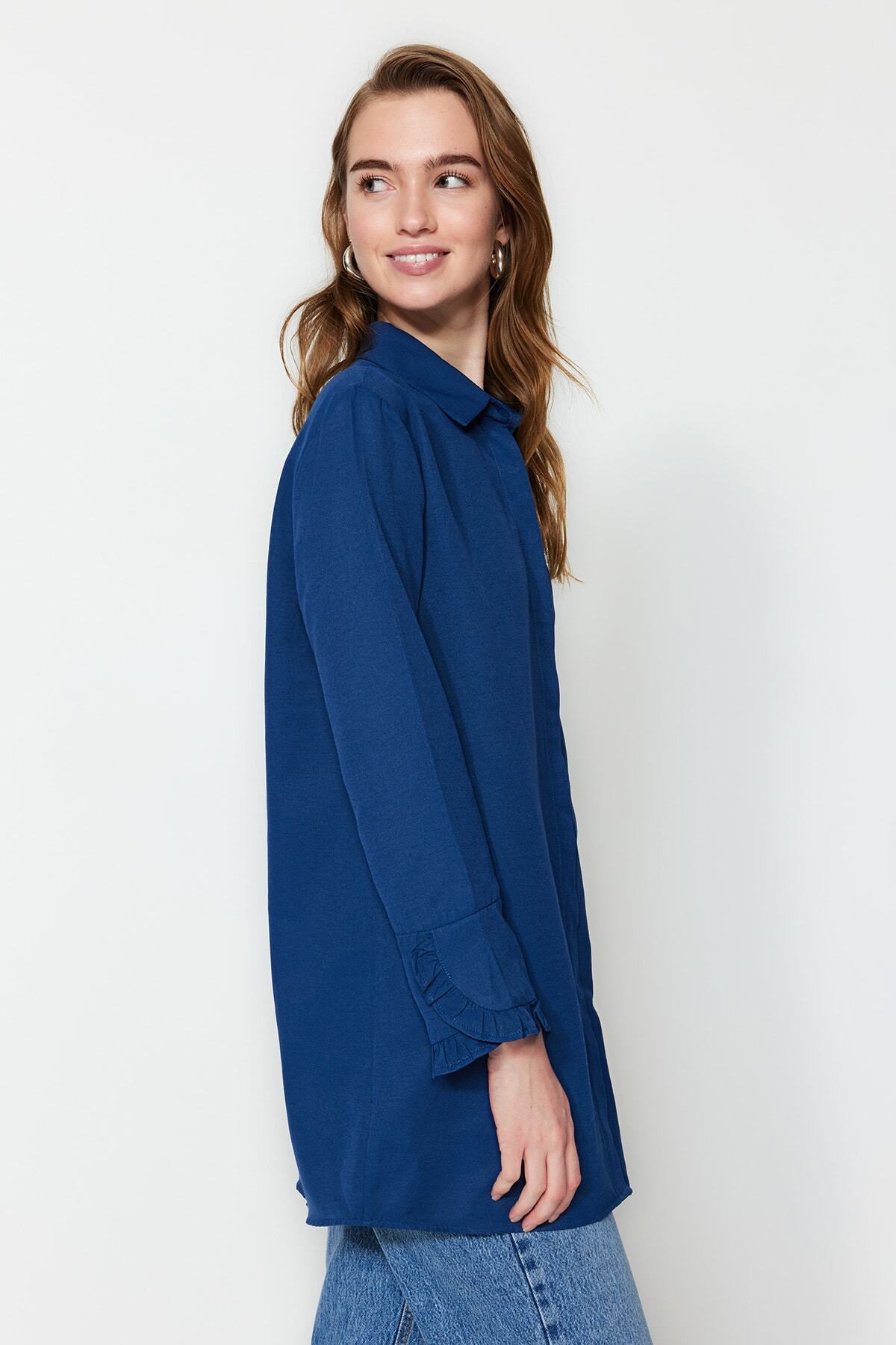 Trendyol Modest-Tkaná bavlněná košile Indigo Ruffle Denim Look TCTSS23TG00042 9