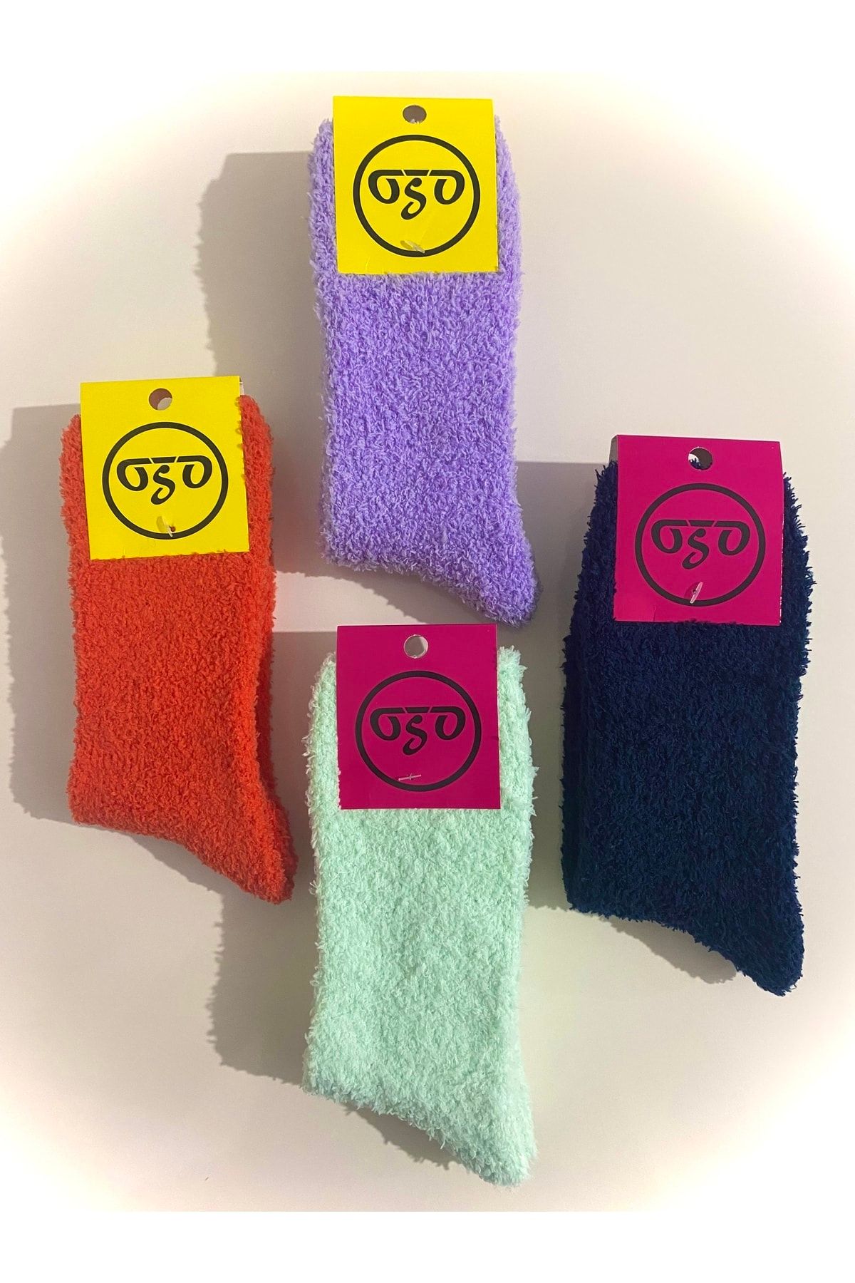 OSO Çorap Kalın Peluş Düz Çizgili Renkli Unisex Uyku Soket Çoraplar