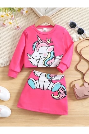 K&H TWENTY-ONE Kız Çocuk Pamuklu Fuşya Unicorn Baskılı Sweatshirt Etekli Takım