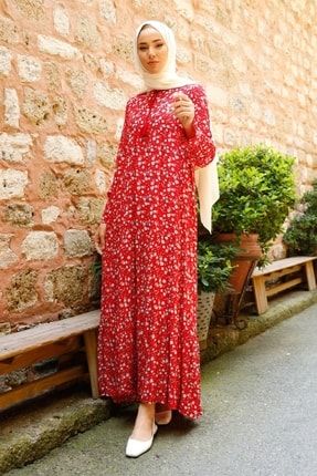 Yakası Bağcıklı Çıtır Desen Tesettür Elbise - Bordo MS00ANT2308