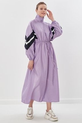 Yarasa Kol Dik Yaka Yarım Fermuarlı Elbise Lila HNZ9568
