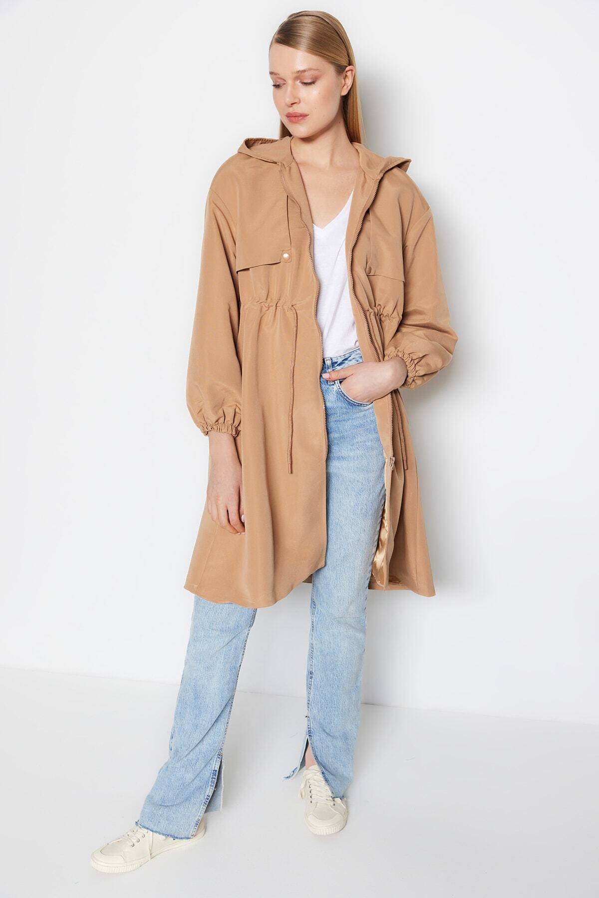 Trendyol Collection-Trenčkot Camel Oversize s kapucí TWOAW23TR00011 3