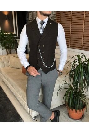 Italyan Stil Erkek Kışlık Kruvaze Kaşe Cepken Yelek Kahverengi T6376