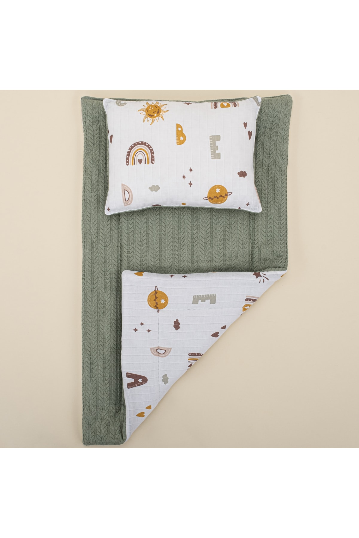 Yunikobaby Alt Değiştirme Matı Ve Yastık - Koyu Yeşil Örgü - Galaksi Ve Harfler fotoğrafı 2 (önizleme)