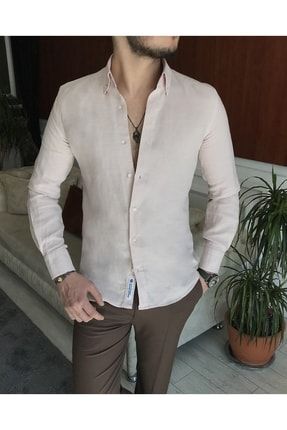 Italyan Stil Slim Fit Dik Yaka Saf Keten Erkek Gömlek Pudra Pembesi T7086
