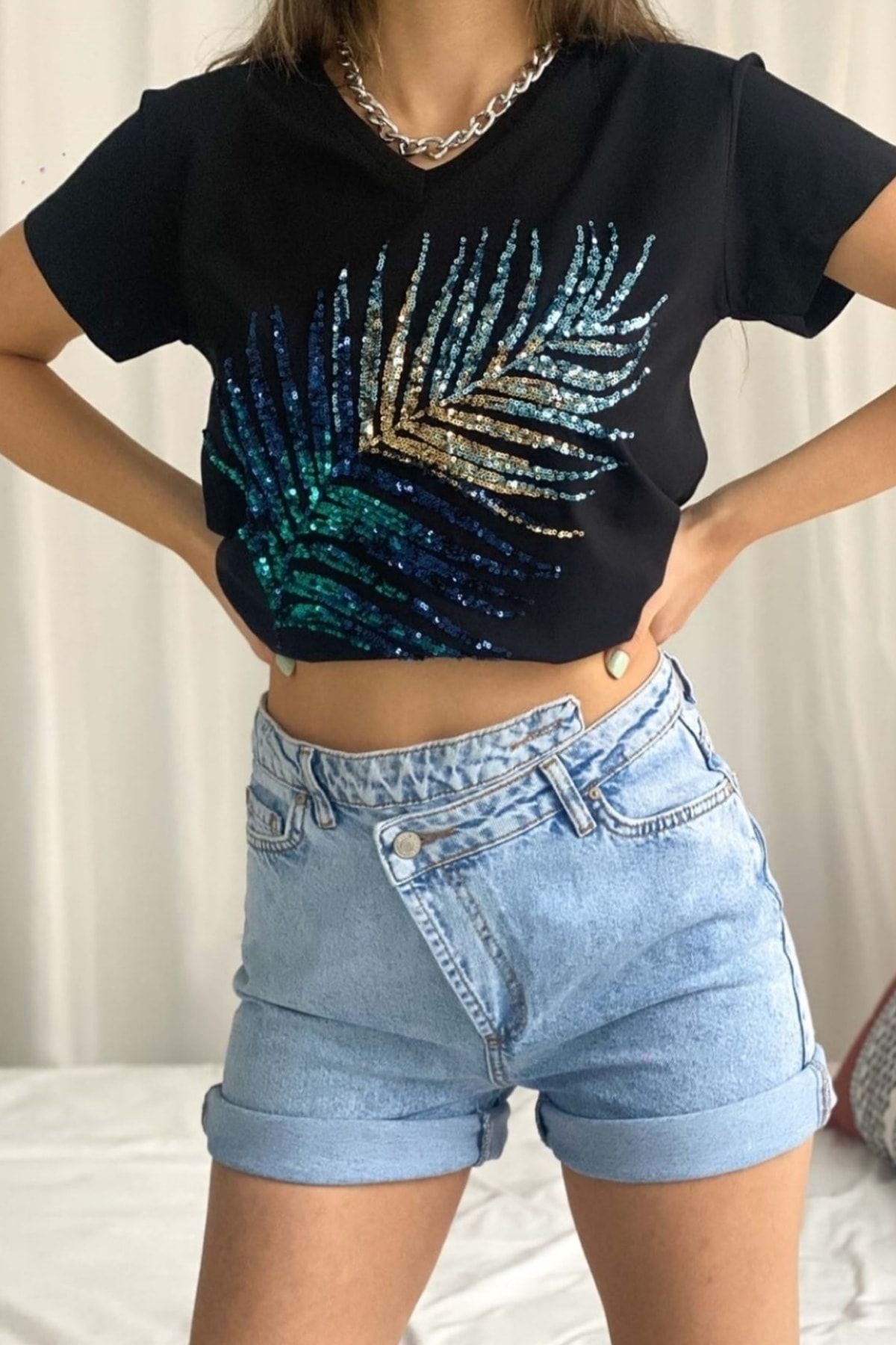 FEMELLE-Tricou din bumbac, negru, cu decolteu în V, cu paiete, broderie, cu paiete 3