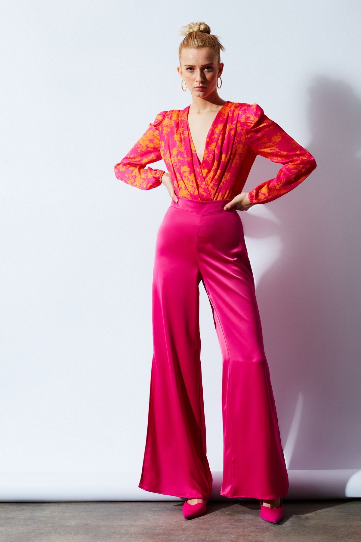 Sateen Yırtmaç Detaylı Saten Pantolon - Fuşya IR7154