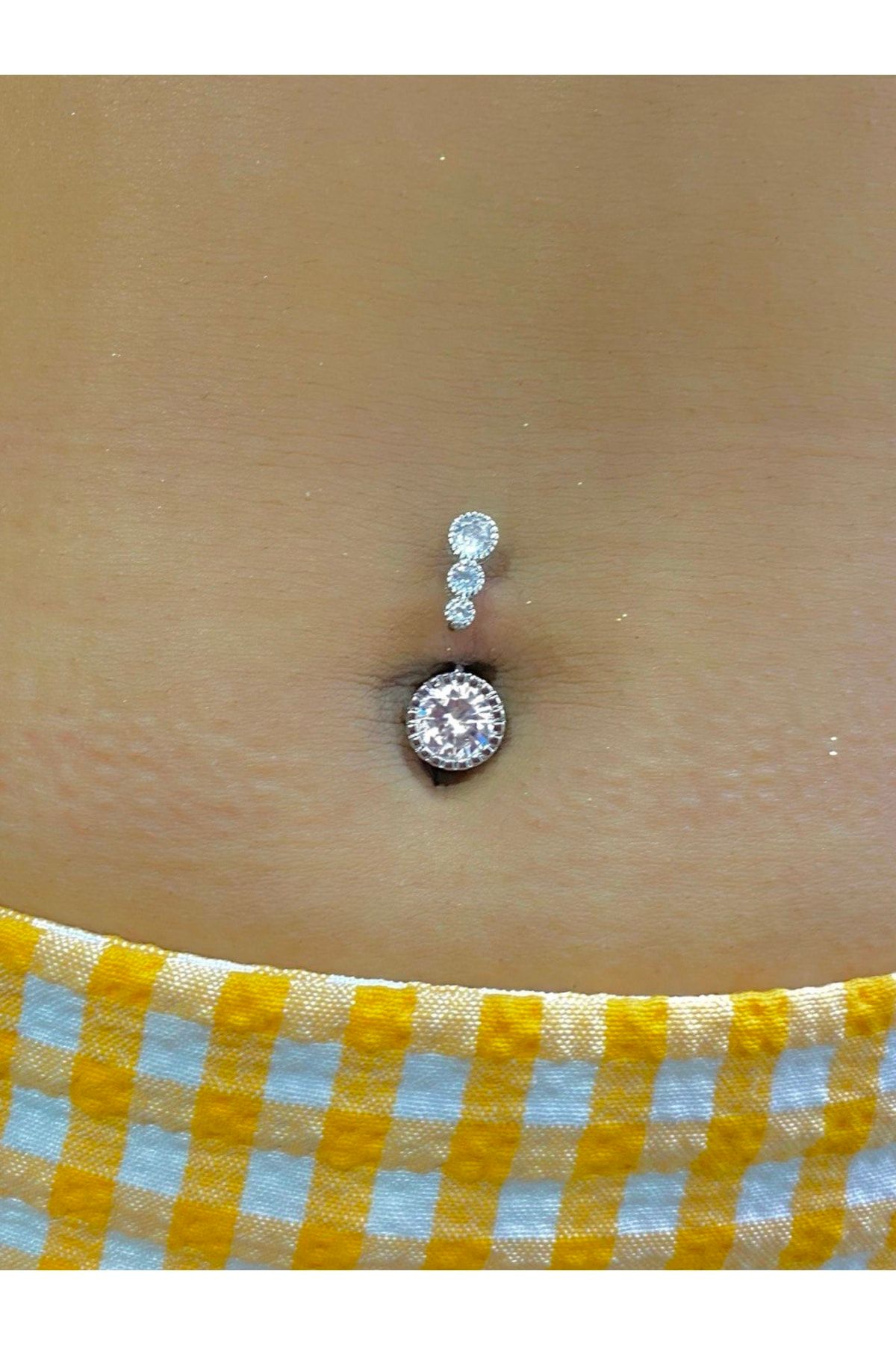 Cerrahi Çelik Zirkon Taşlı Gümüş Renk Göbek Piercingi