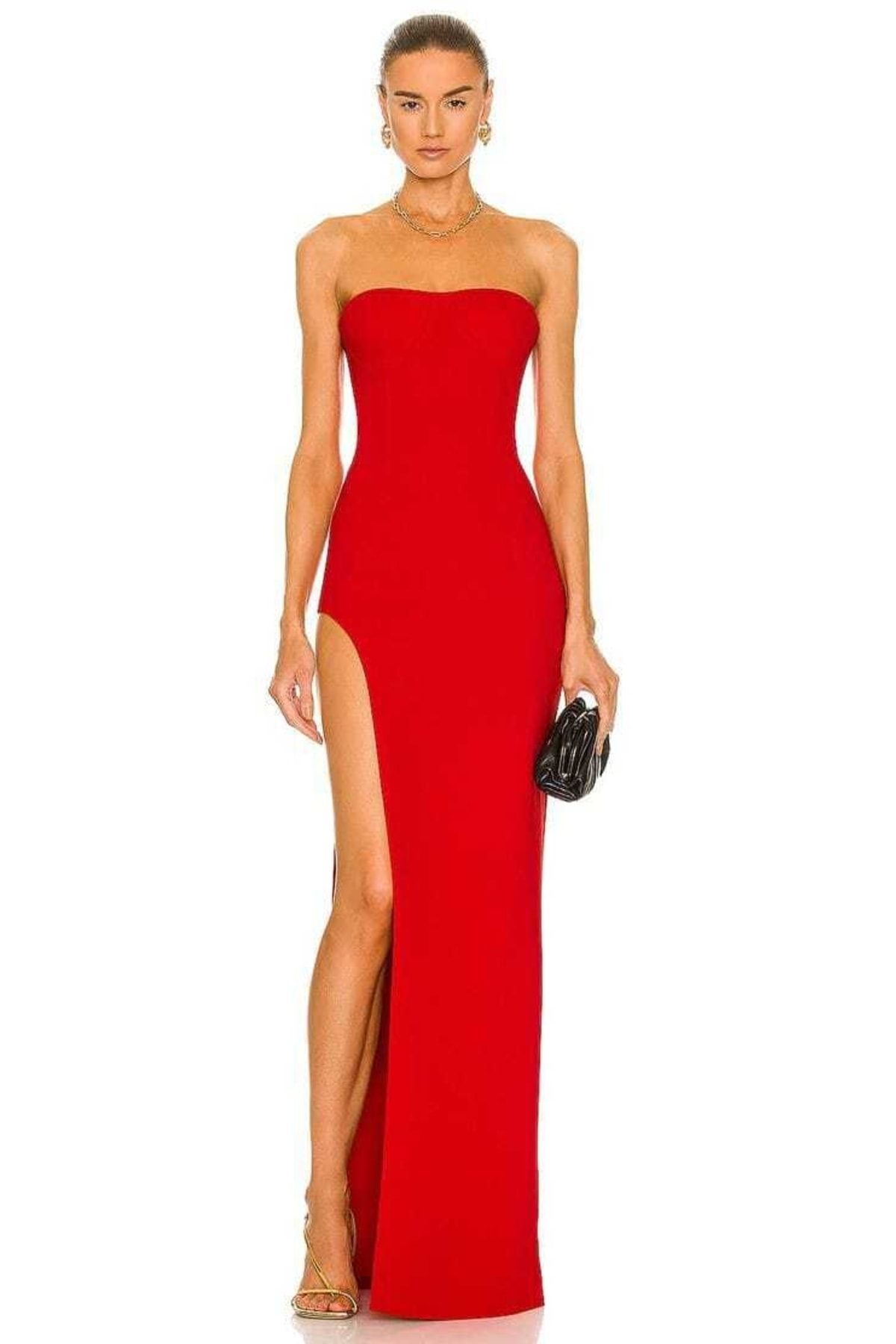 by serkan design Kadın Kırmızı Streplez Kesim Yırtmaç Detaylı Maxi Elbise Çift Kat Kumaş