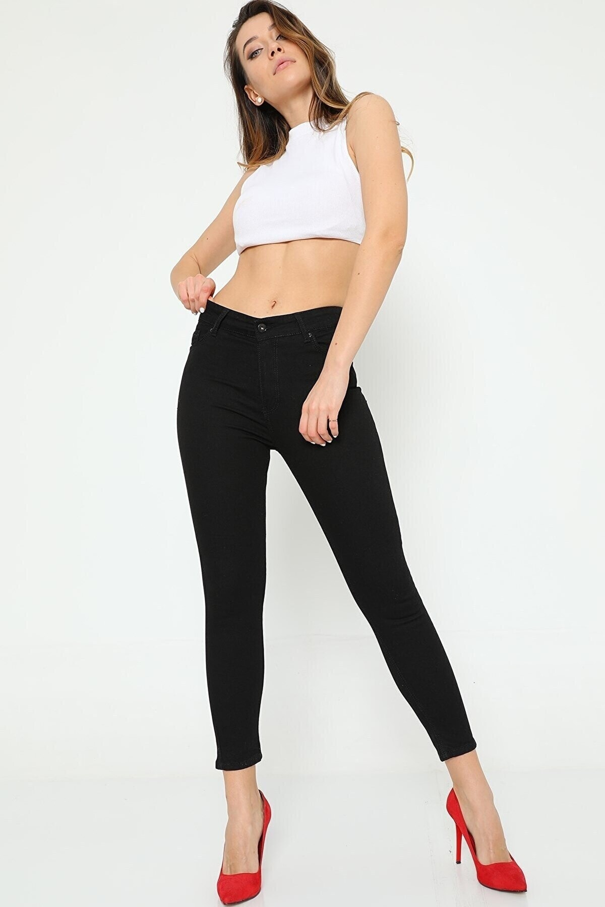 Generic Black High Waist Roll-Up Skinny Narrow Leg Non-Fading Jeans Trousers