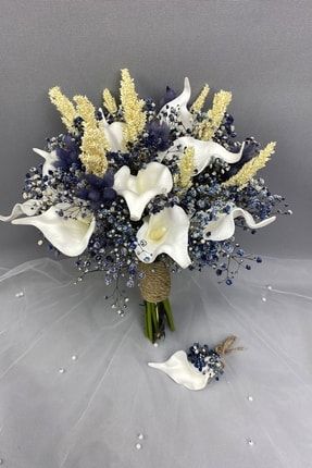 Islak Gala Mavi Cipsolu Gelin Buketi Ve Damat Yaka Çiçeği TXCB57F6A955852