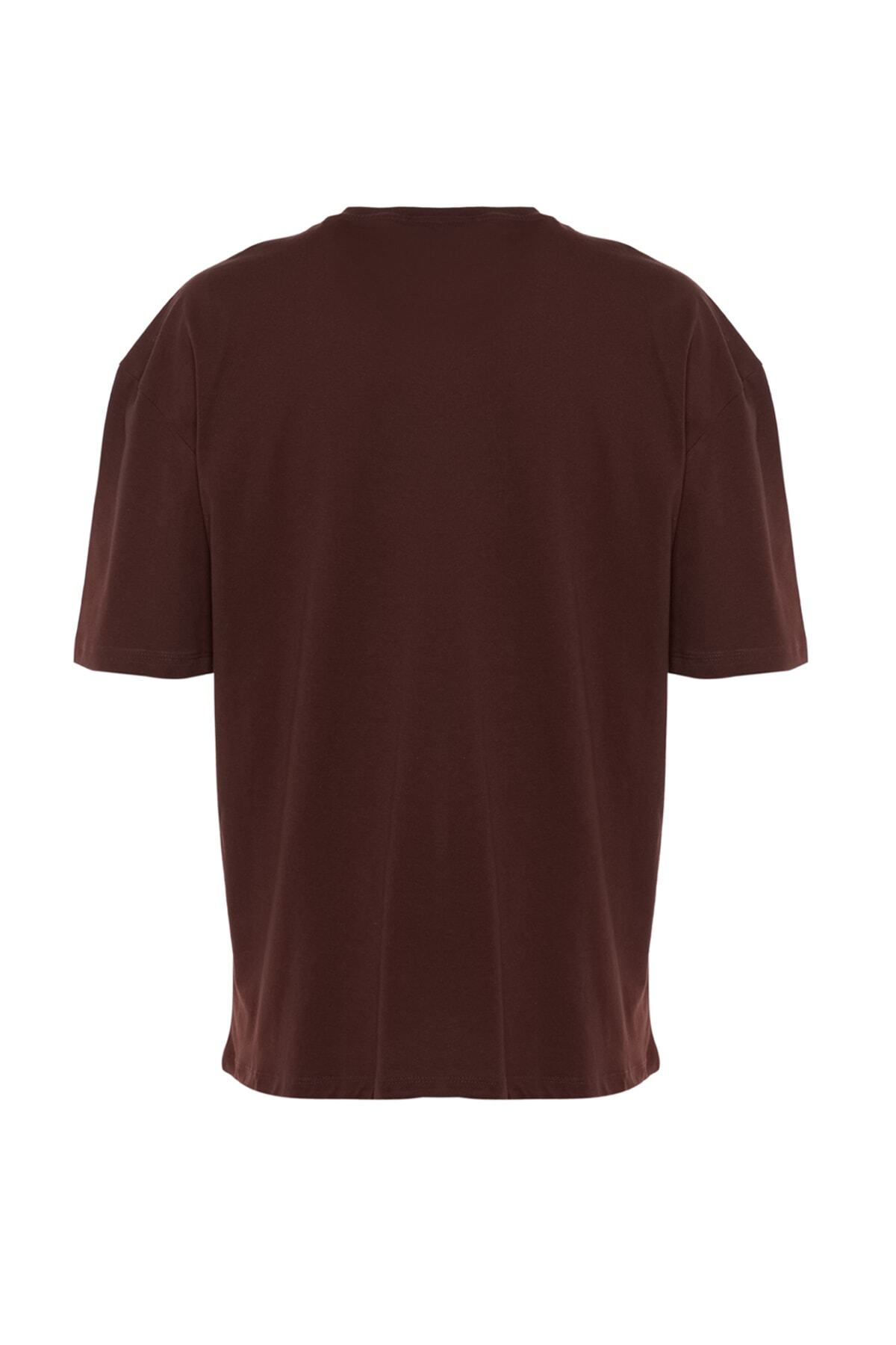 Trendyol Collection-Καφέ Oversize εμπριμέ βαμβακερό μπλουζάκι - TMNSS20TS1099 9