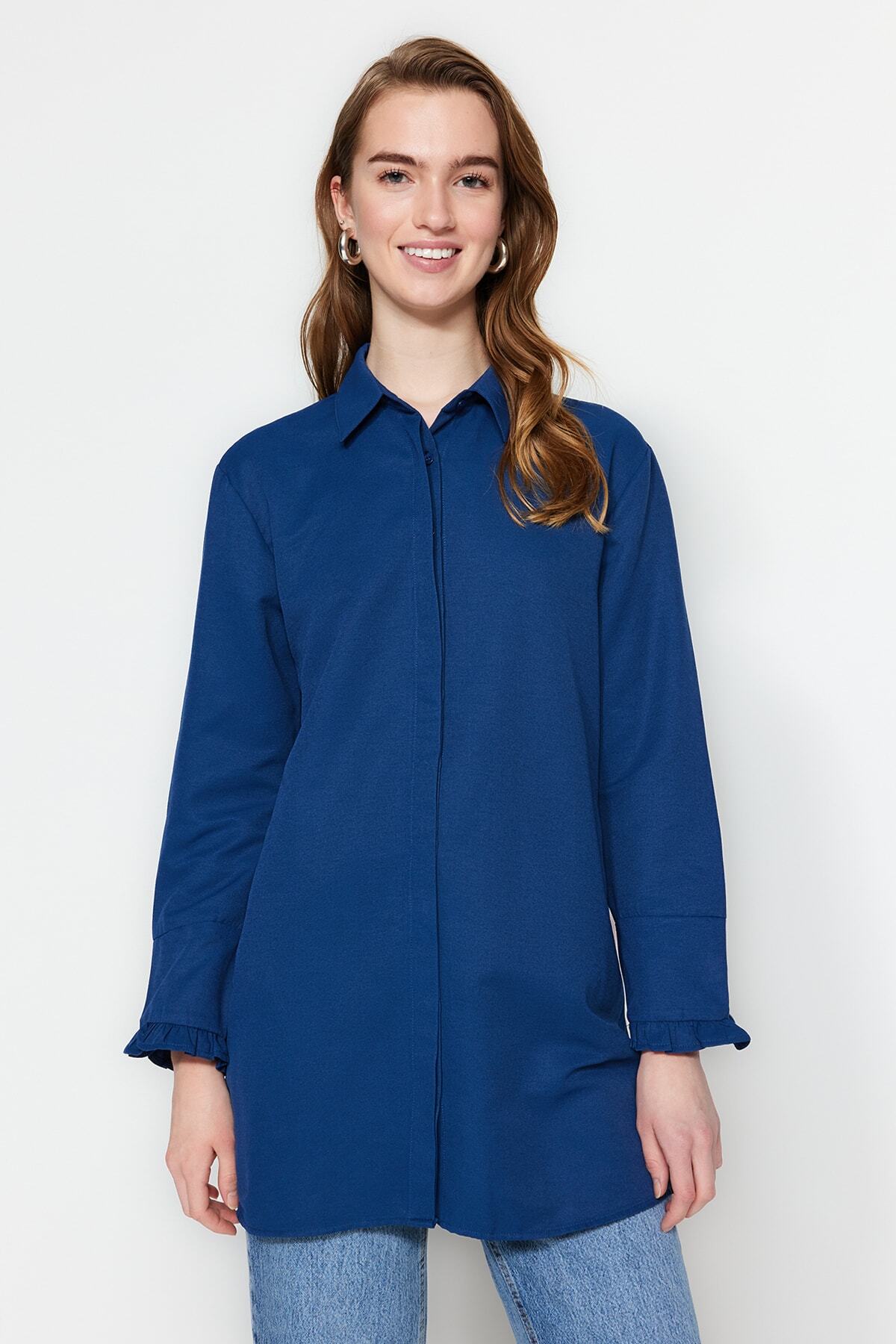 Trendyol Modest-Tkaná bavlněná košile Indigo Ruffle Denim Look TCTSS23TG00042 7