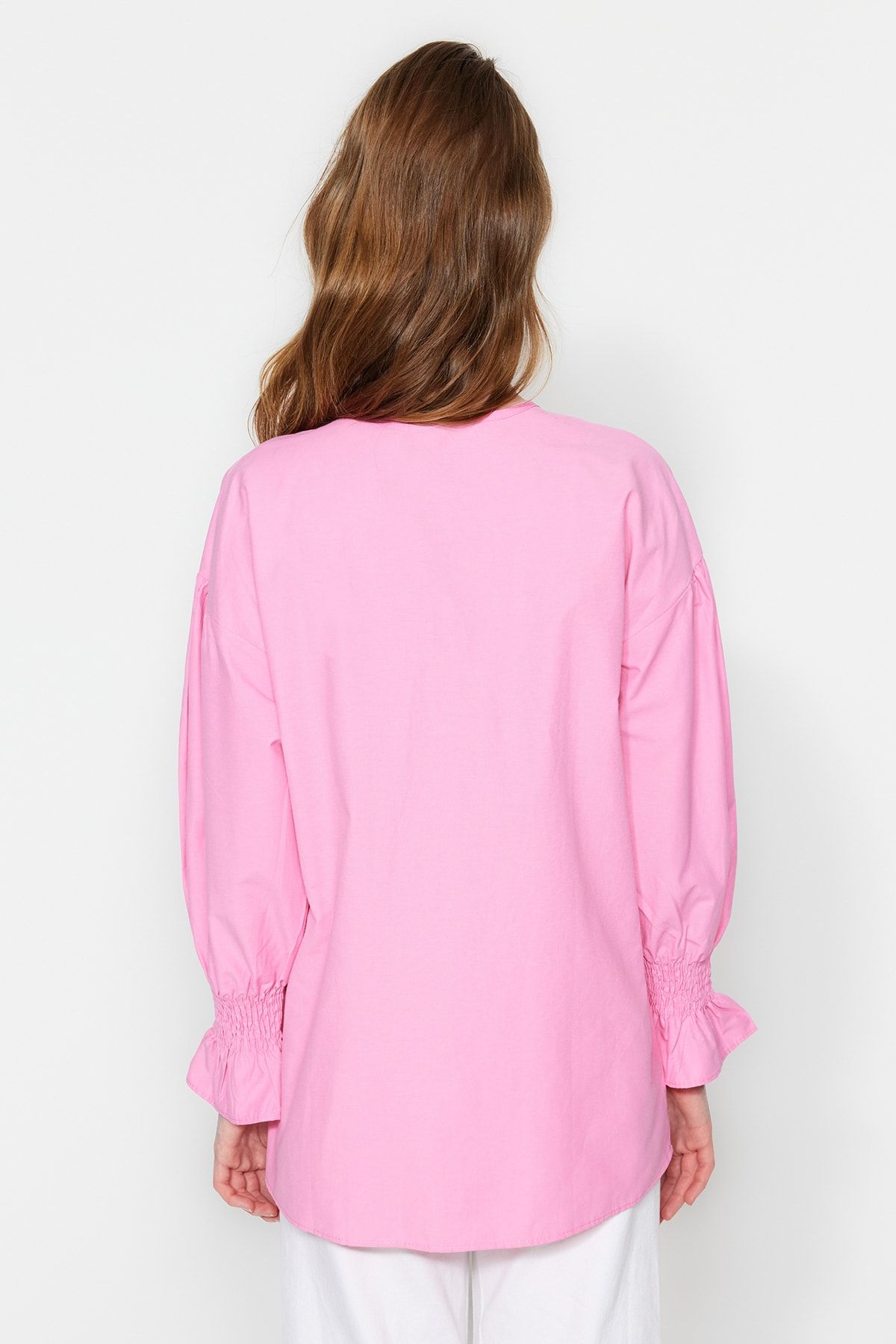 Trendyol Modest Pembe Yakası Fiyonk Detaylı Dokuma Tunik TCTSS23UK00026 RN9794