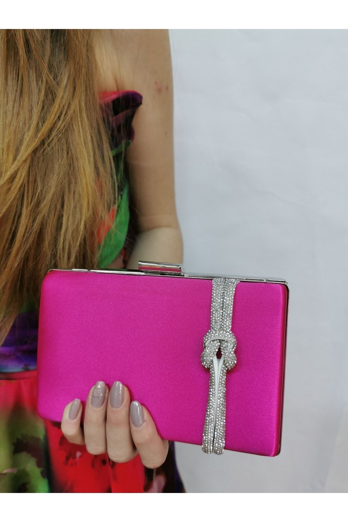 NAZART Women s Satin Fuchsia Stone Evening Dress Clutch Portfolio