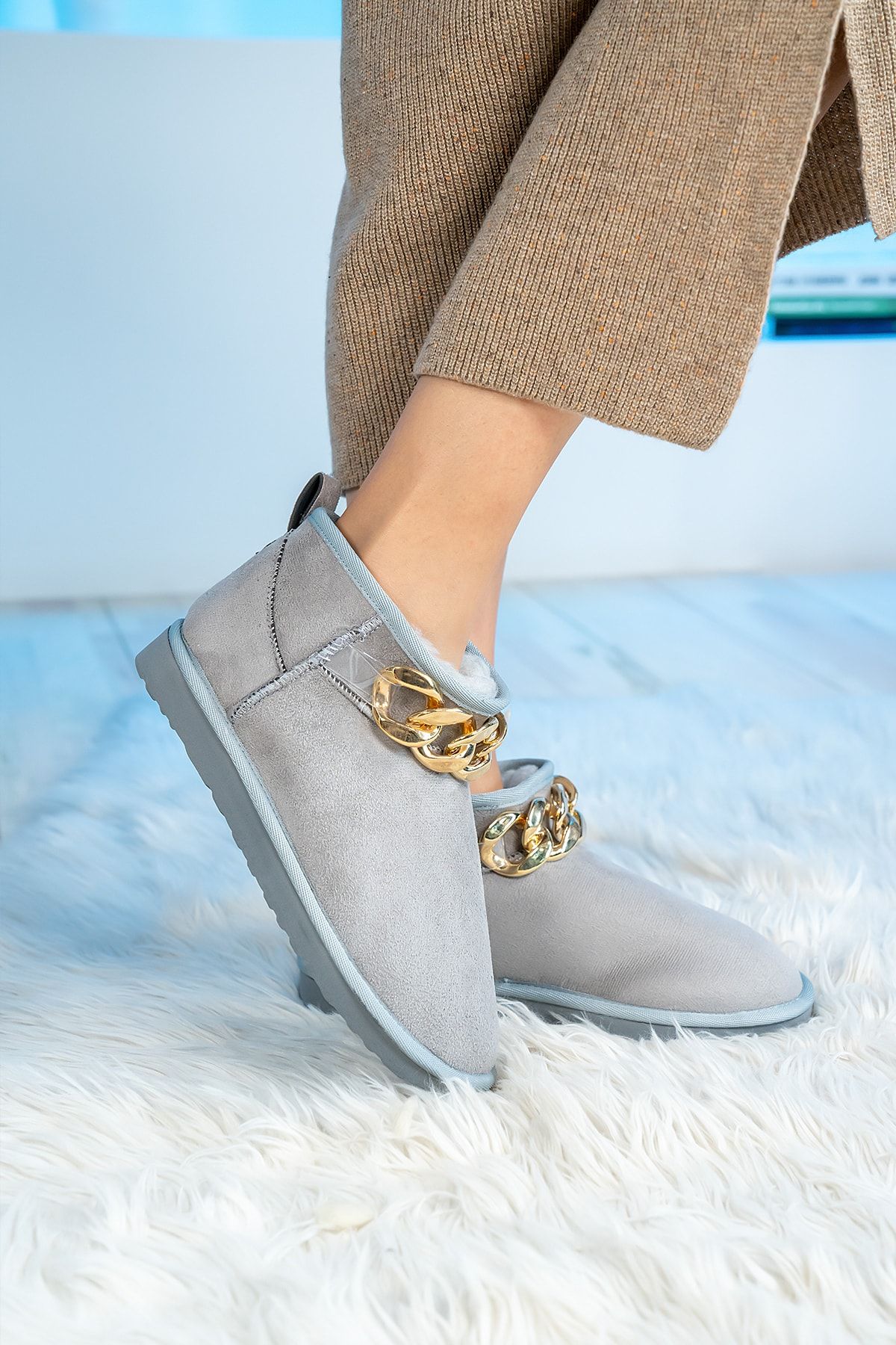 Blyss Women s Gray Fur Boots with Chain Accessories Trendyol