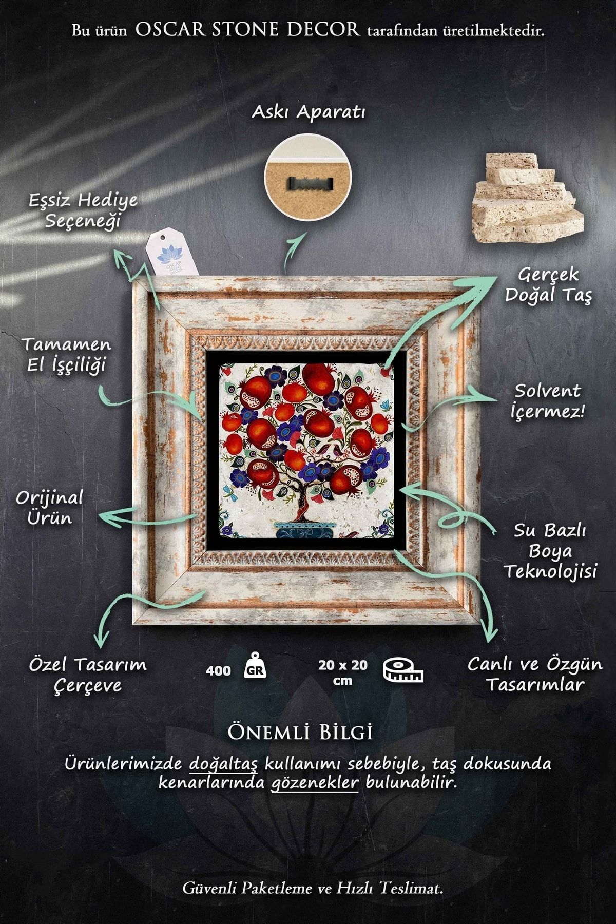 Oscar Stone Decor Çerçeveli Taş Duvar Dekoru 20x20 Cm Hayat Ağacı (yaşam) Life Tree SN11098