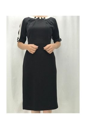 Kadın Yakası Ve Kolları Taş Detaylı Yarım Kollu Diz Altı Yazlık Elbise P12874S1256
