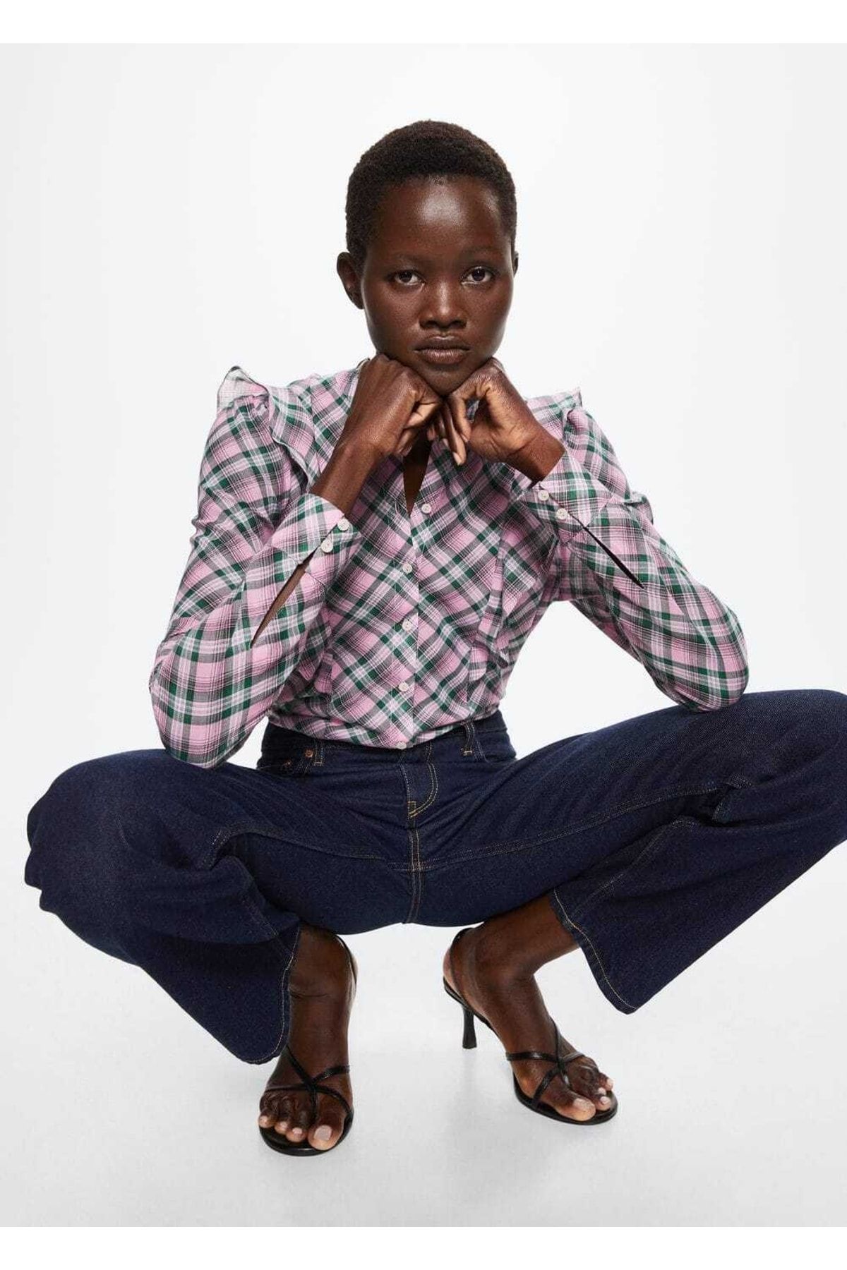 MANGO Woman-Flounce Check Blouse 6