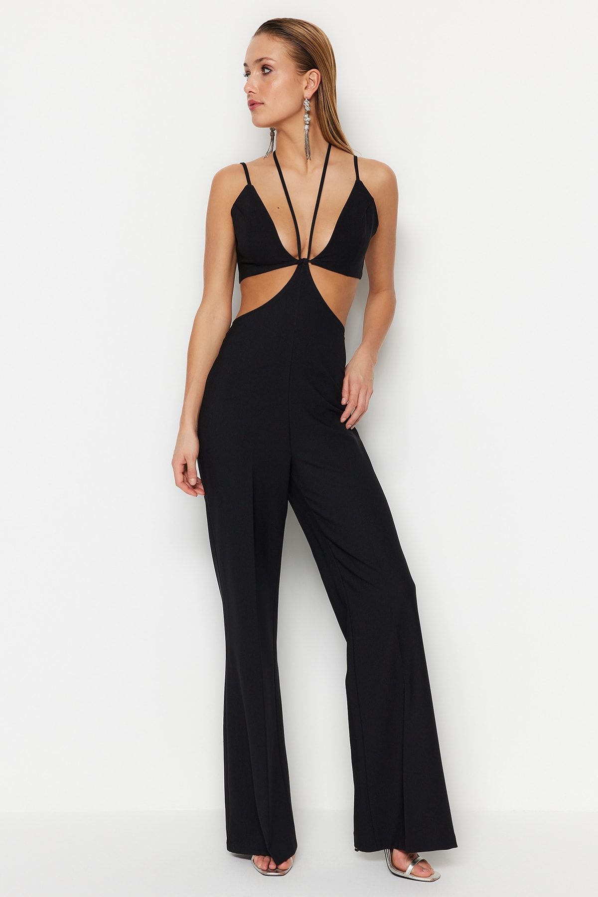 Trendyol Collection-Schwarzer gefütterter Jumpsuit mit gewebtem Fenster/Ausschnitt und Paspelierung TPRSS23TU00030 3