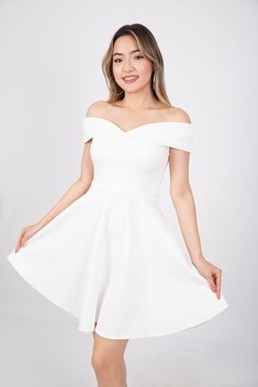 Esnek Scuba Kumaş Göğüs Dekolteli Öpücük Yaka Beyaz Mini Elbise Nişan Elbisesi lovebox-tra-19-E