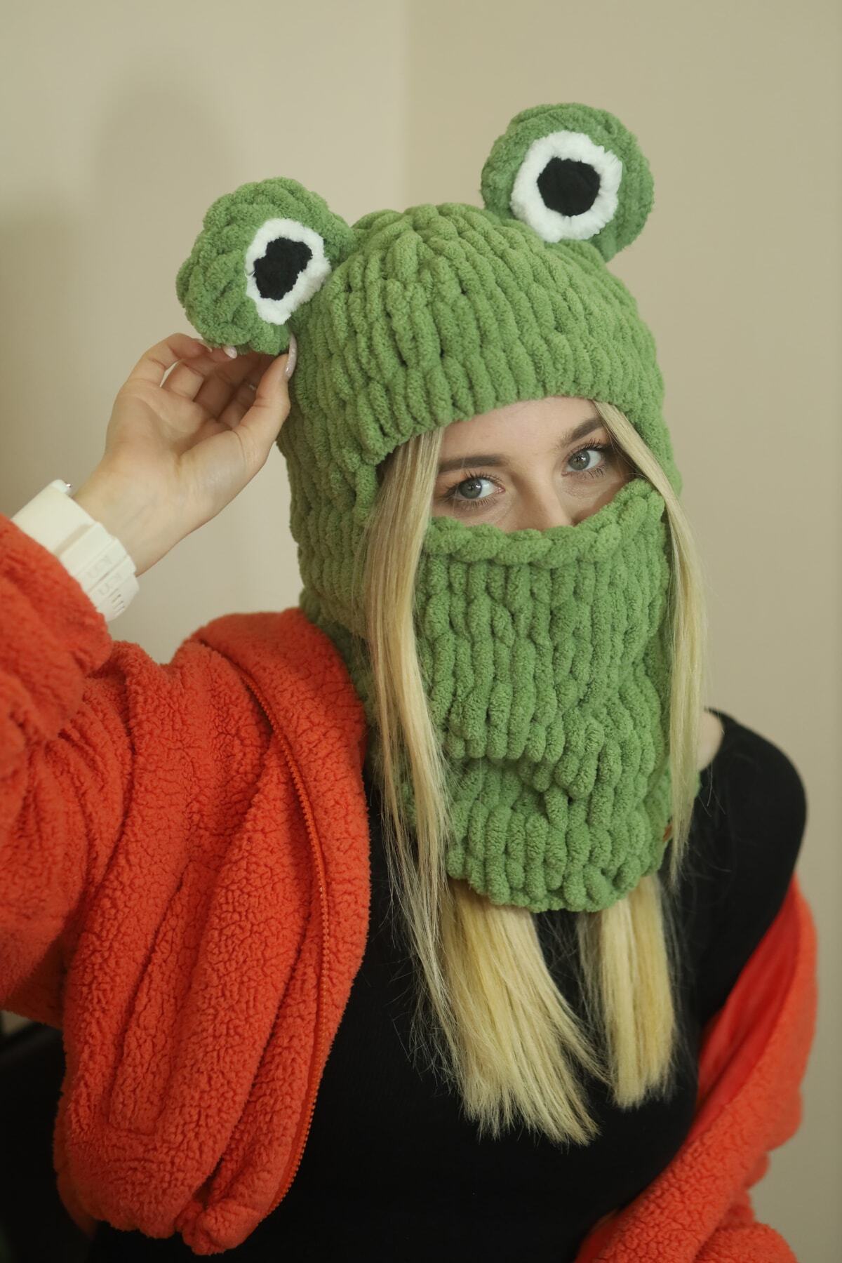 AidaAstrid Kurbağa Kulaklı Yeşil Puffy Bere Yeşil Şapka Kayak&snowboard Maske Şapka Balaclava görsel 3