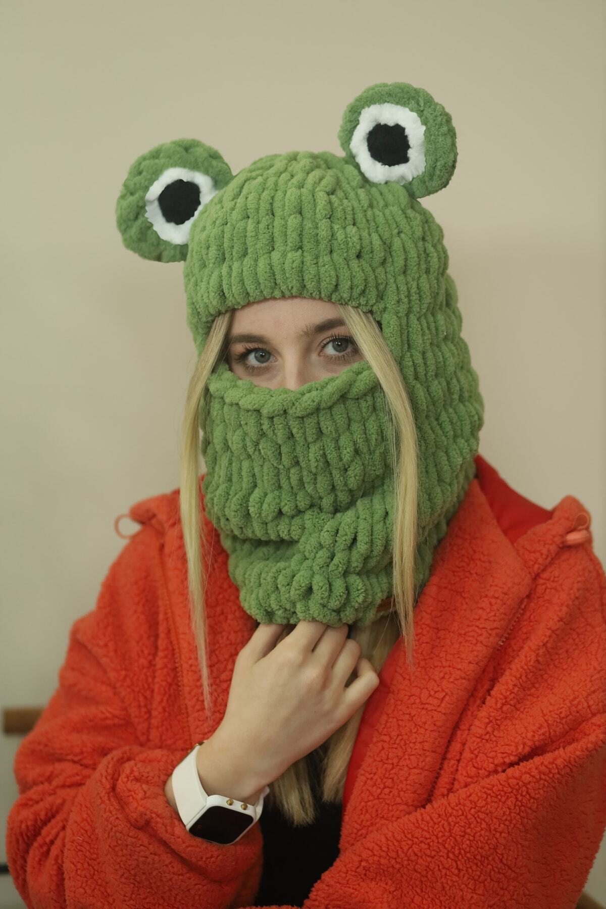 AidaAstrid Kurbağa Kulaklı Yeşil Puffy Bere Yeşil Şapka Kayak&snowboard Maske Şapka Balaclava görsel 5