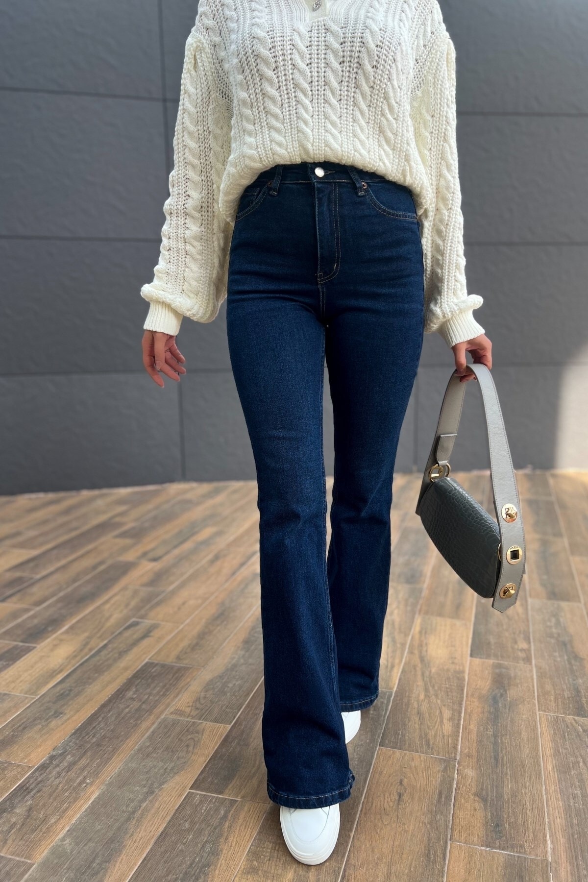 High Waist Navy Blue Spanish Leg Jeans Lycra Stretchy Jeans