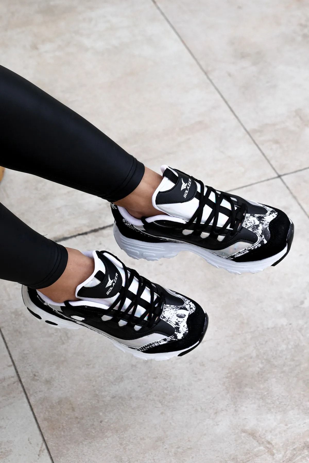 Prego-Pantofi sport pentru femei Solazer Poly Light Talpa cu șireturi Negru Alb 3