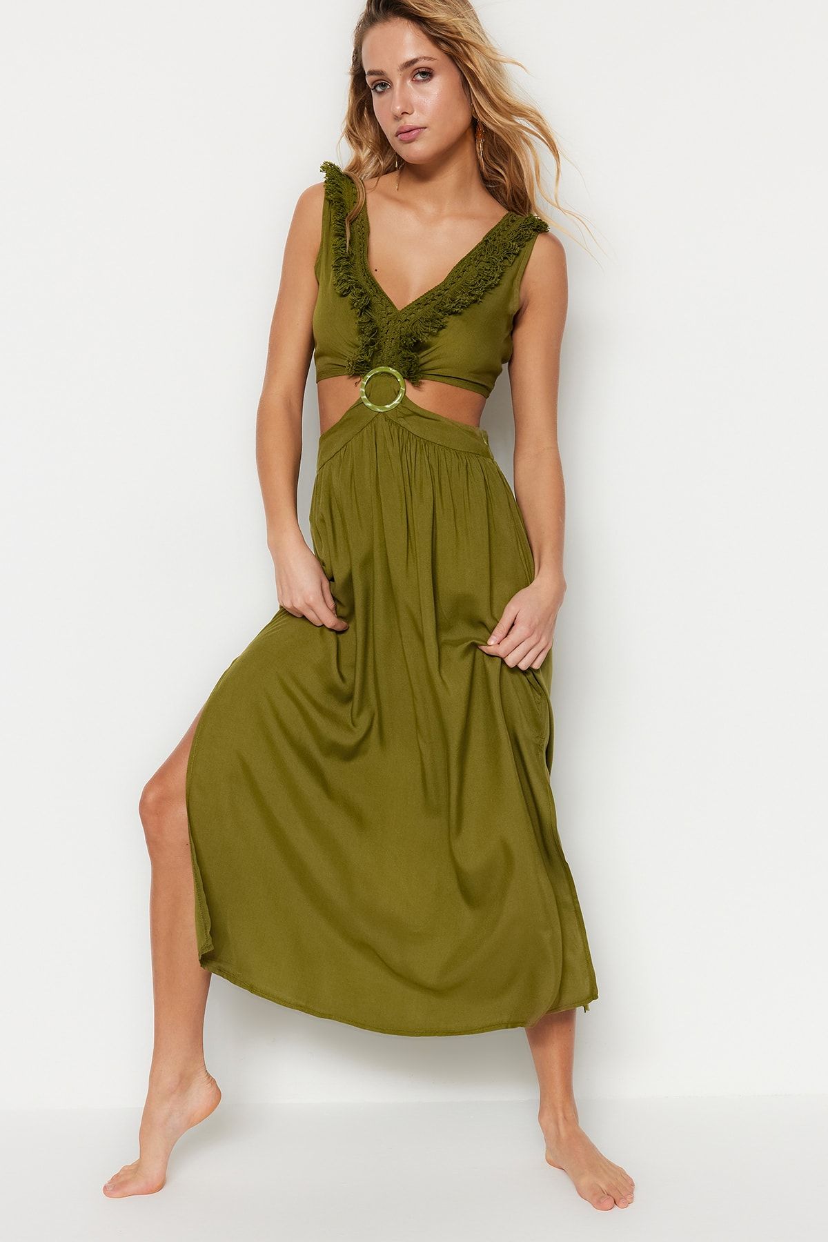 Trendyol Collection Khaki Maxi Woven Tassel Beach Dress