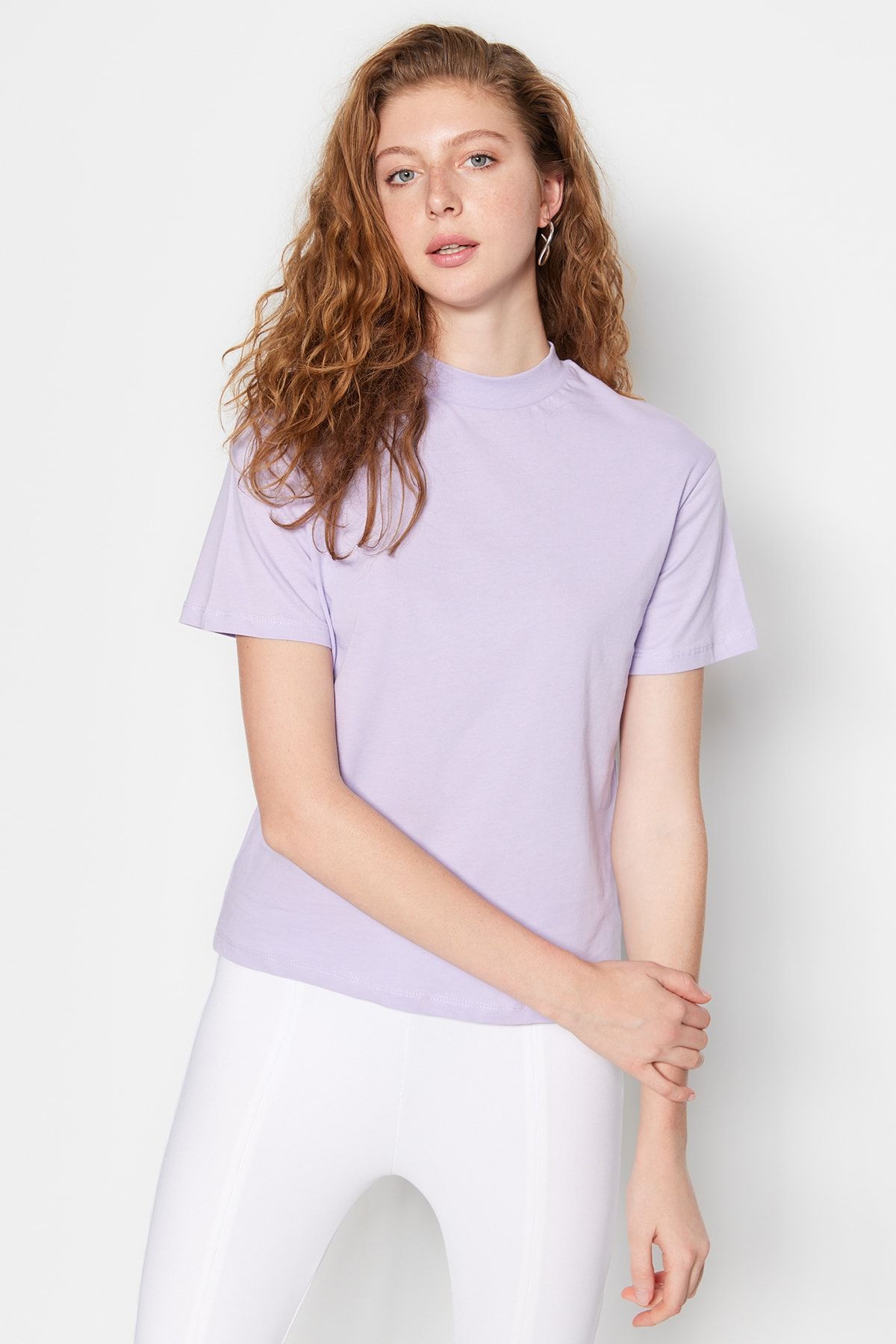 Trendyol Collection-Lilafarbenes Basic-Strick-T-Shirt aus 100 % Baumwolle mit Stehkragen TWOAW20TS0096 3