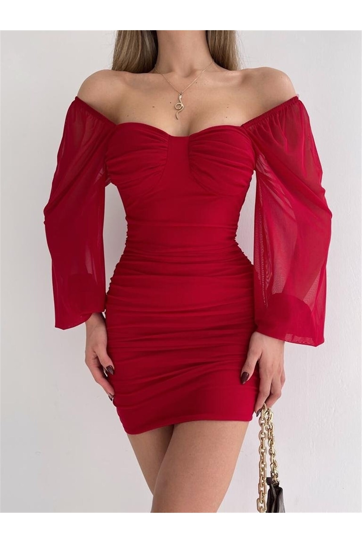 Robe longue avec manches en tulle et drapé - Görsel 3