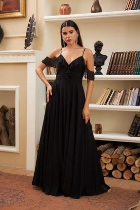 Siyah Şifon Göğsü Volanlı Uzun Abiye Elbise C55651