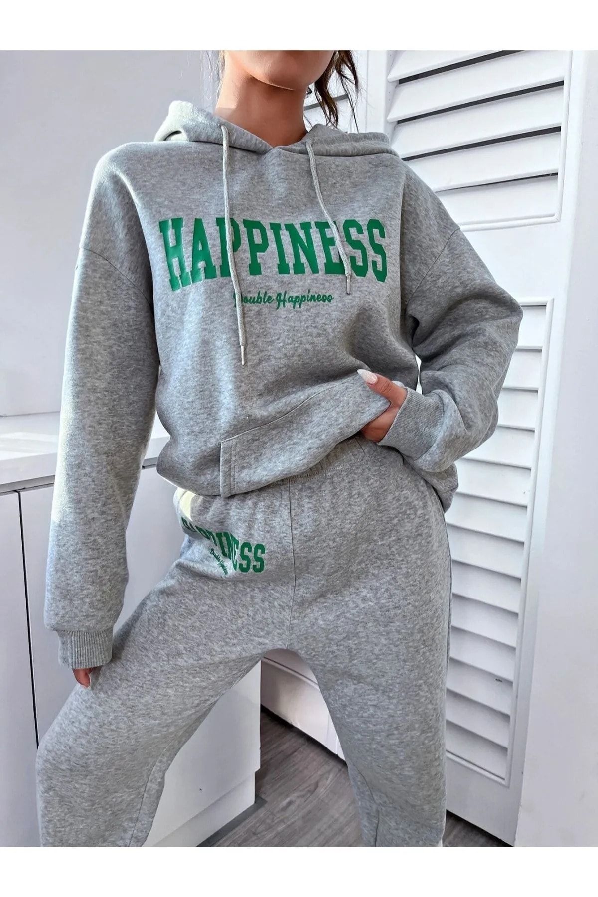 Modasizinle Women s Gray Happiness Bottom Top Tracksuit Set