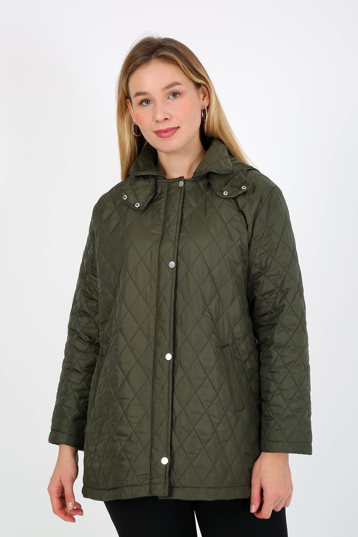 By Alba Collection Kadın Baklava Dilim Kapitone Büyük Beden Mont Haki