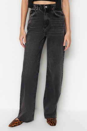 TRENDYOLMİLLA Siyah Yüksek Bel Wide Leg Jeans TWOSS23JE00069