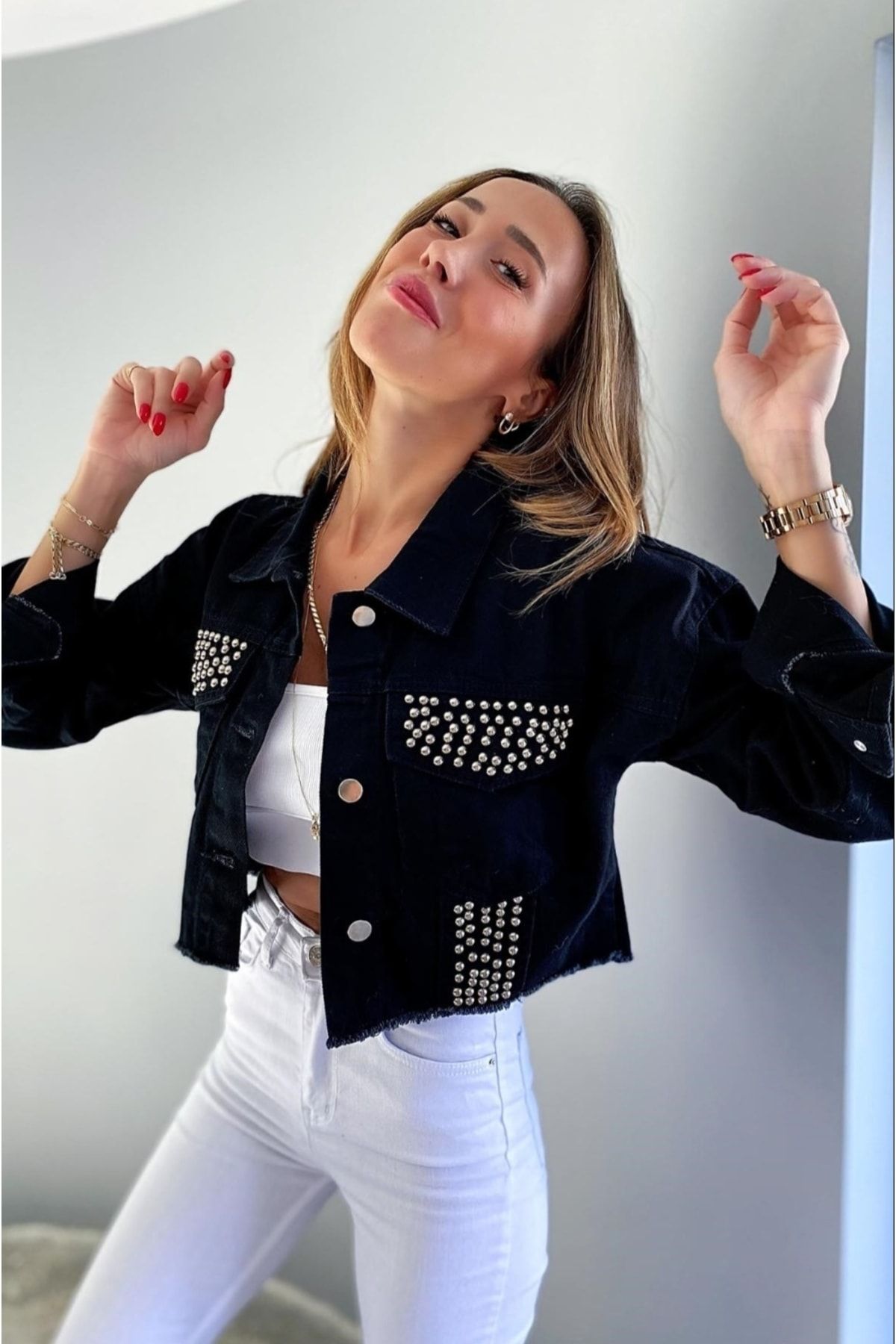 Womens studded denim jacket hot sale