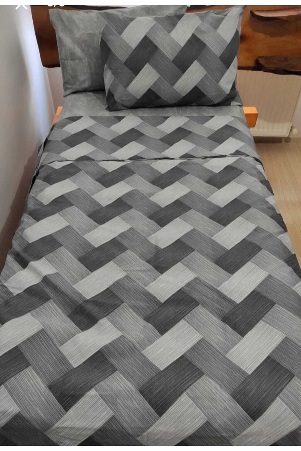 Zikzak Gri 4 Parça Lastikli Çarşaflı Tek Kişilik (100x200 Cm) Nevresim Takımı 2