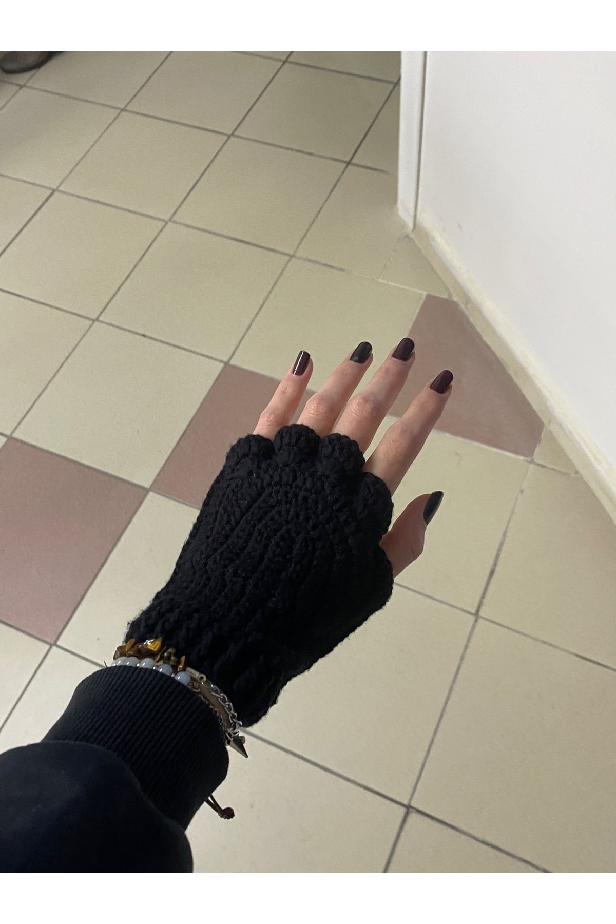Sumicorn Design Sevimli Kedi Pati Siyah Pembe Örgü Parmaksız Eldiven görsel 3