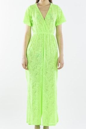Yeşil Kadın Pareo Tulum Plaj Elbisesi Neon Dantelli NIC1006