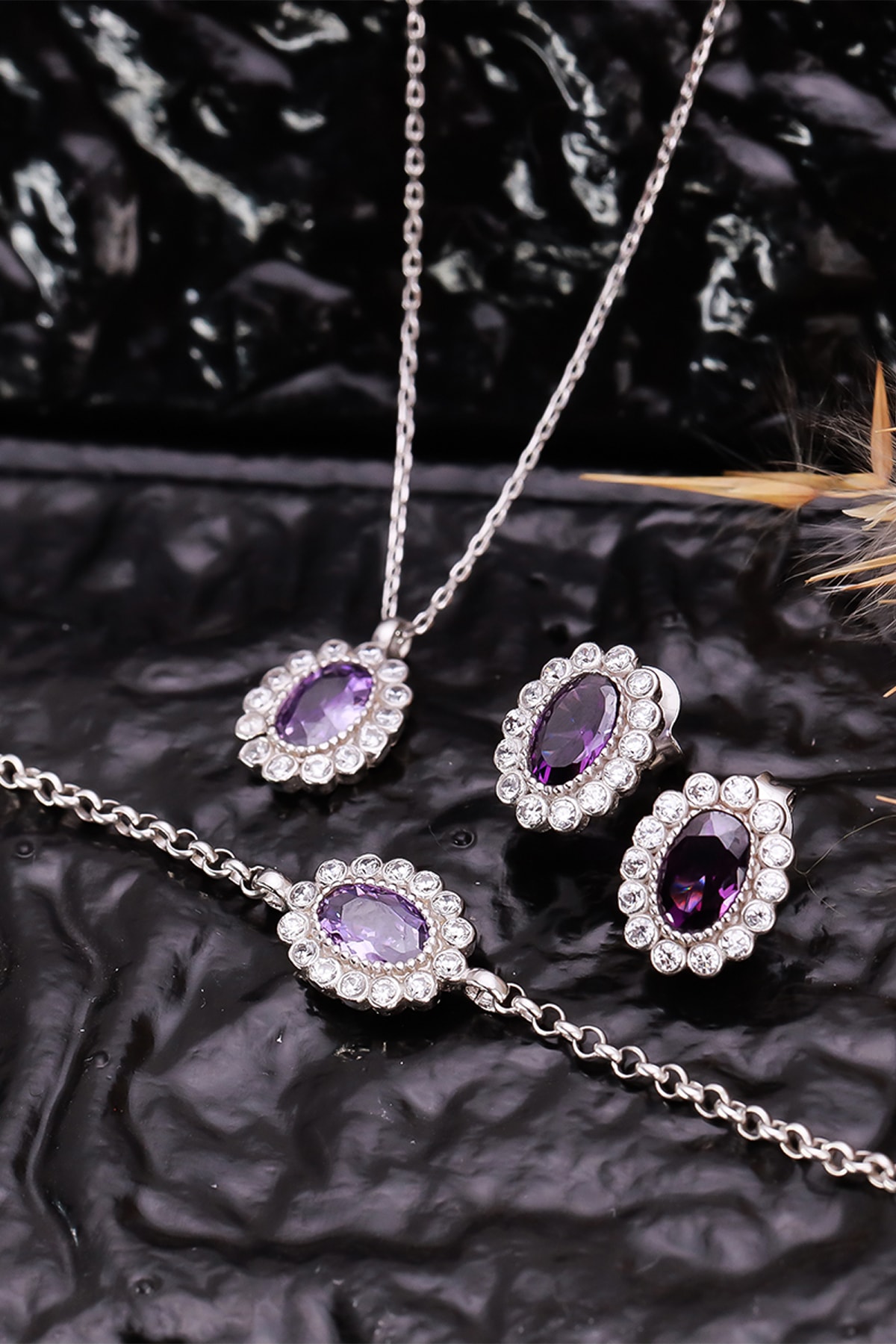 byess 925 Ayar Gümüş Ametist Taşlı Elmas Monturlu Papatya Set