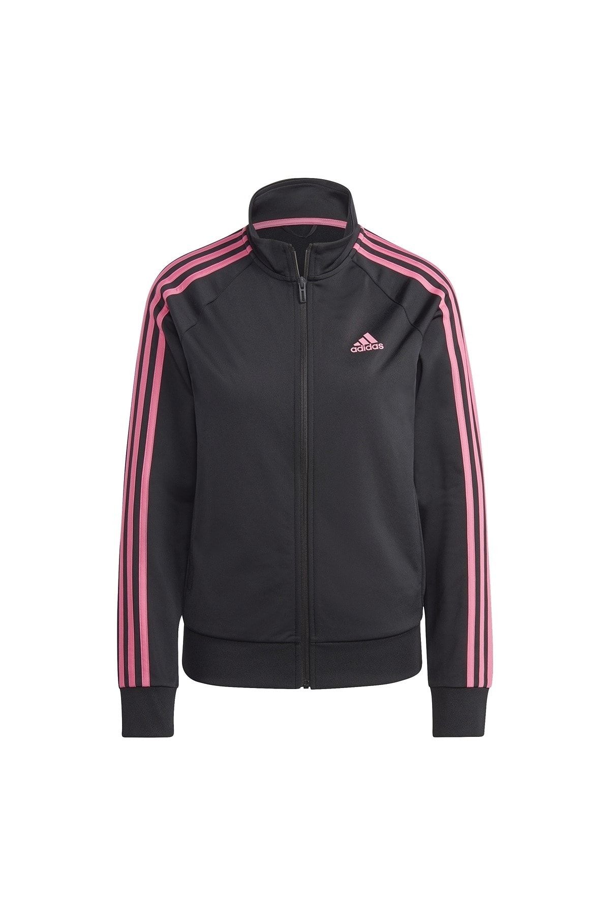 Black adidas jacket shop with pink stripes