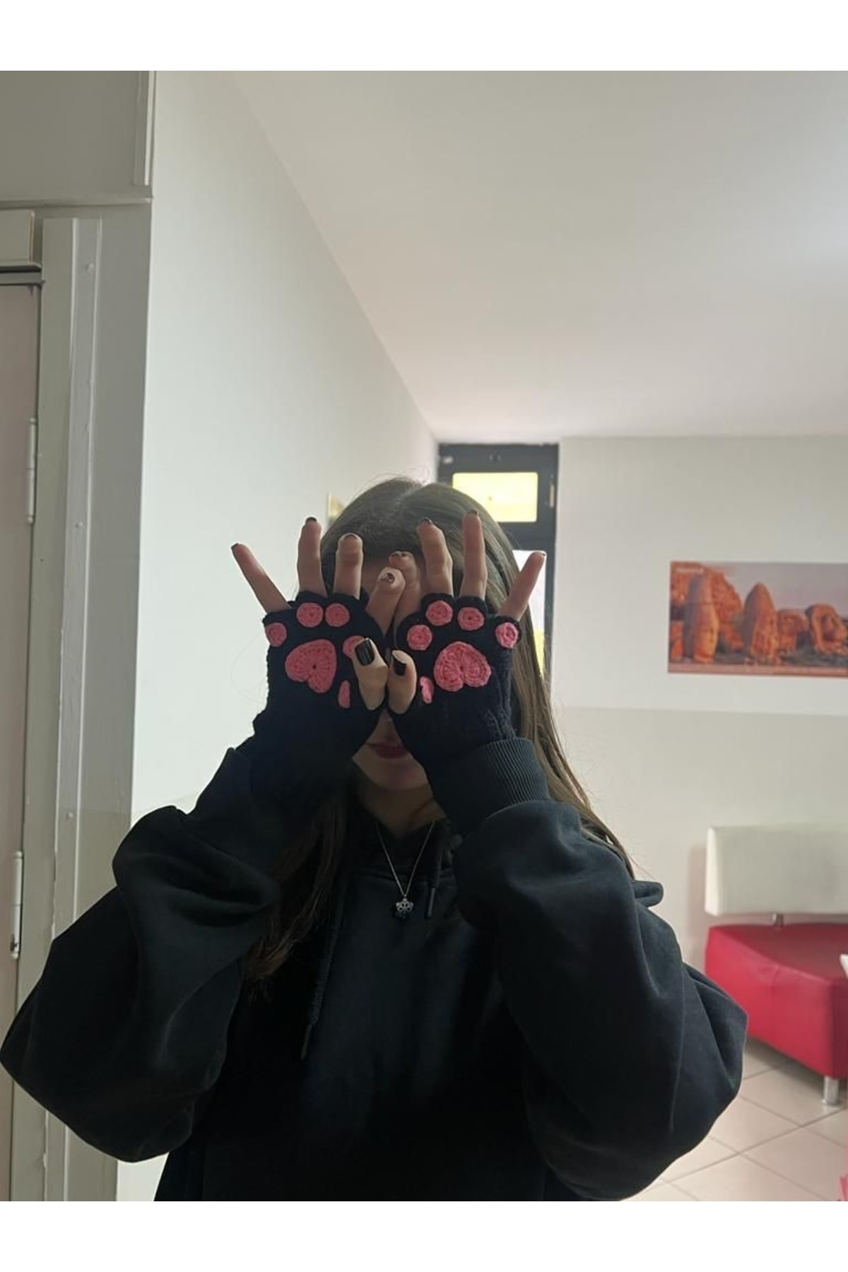Sumicorn Design Sevimli Kedi Pati Siyah Pembe Örgü Parmaksız Eldiven görsel 7