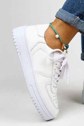 Kadın Hakiki Deri Bağcıklı Beyaz Sneakers MNJ.027